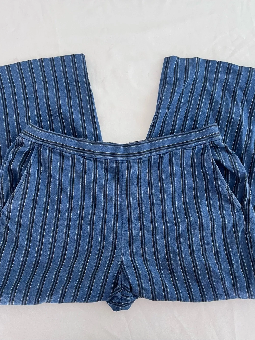 Banana Republic Blue Striped Women Linen and Cotton Rowan Wide Leg Pants